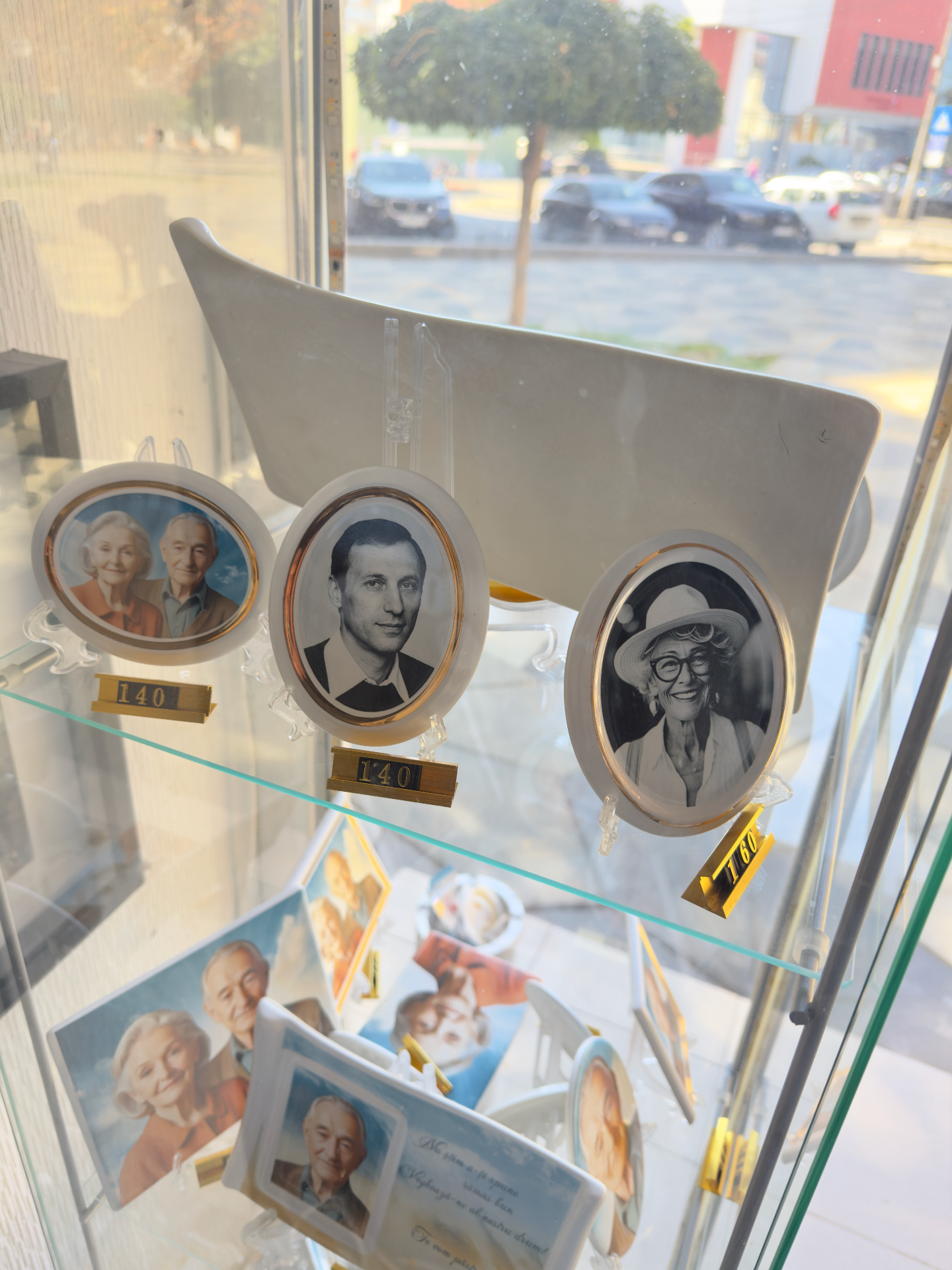 Plăci foto din porțelan expuse în vitrina atelierului